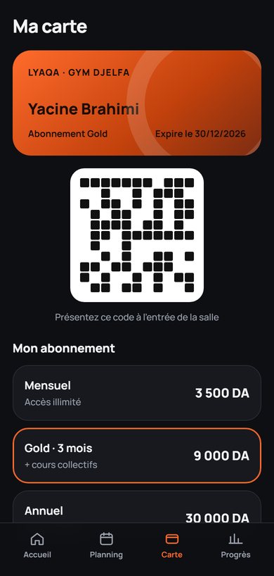 Lyaqa, salle de sport : écran Carte membre