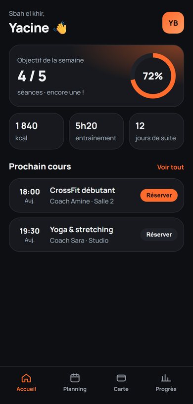 Lyaqa, salle de sport : écran Accueil