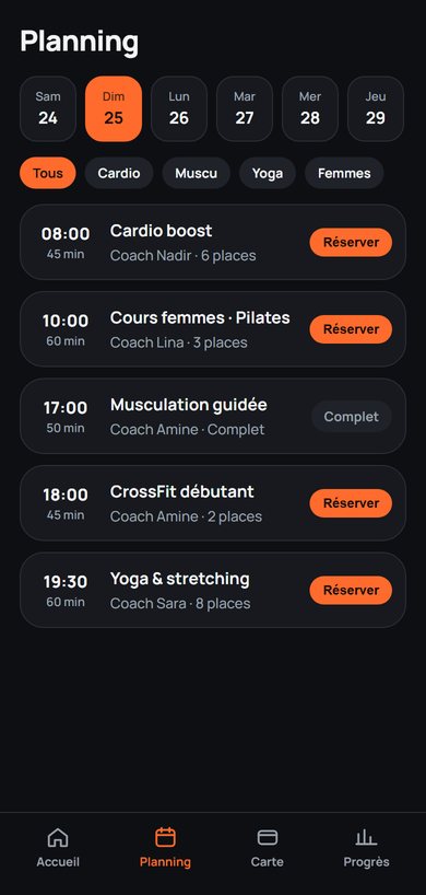 Lyaqa, salle de sport : écran Planning