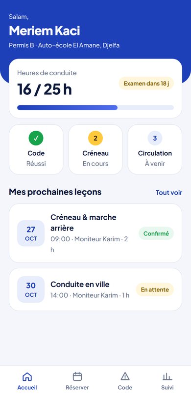 Sayeq, auto-école : écran Accueil