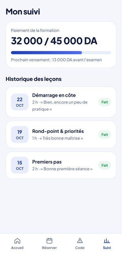Sayeq, auto-école : écran Suivi